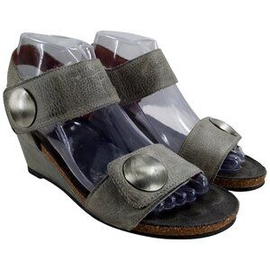 Taos Carousel Gray Leather Wedge Sandals Size 37 US 6-6.5 Adjustable 3209 Pewter